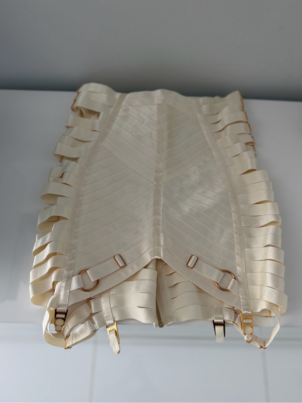 Ivory Satin Bandage Mini Skirt with Gold Hardware